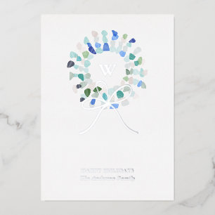 Colourful Sea Glass Christmas Wreath Initial Foil Holiday Card