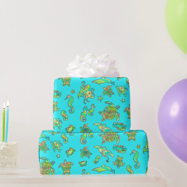 Colourful Sea Life Aqua Blue Wrapping Paper (Party Gifts)