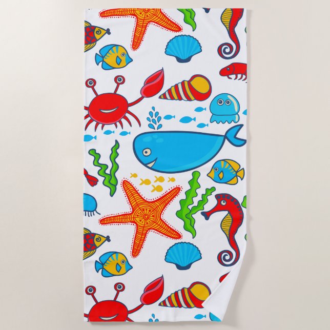 Colourful Sea-Life Illustration Beach Towel (Front)