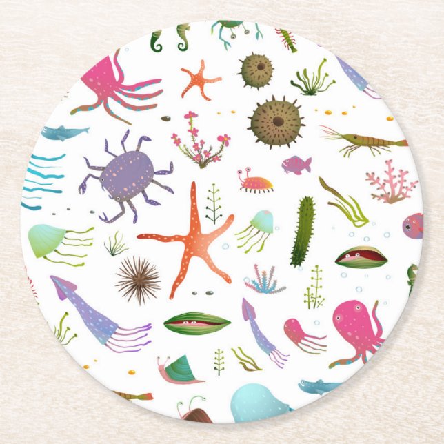 Colourful Sea Life Round Paper Coaster (Front)