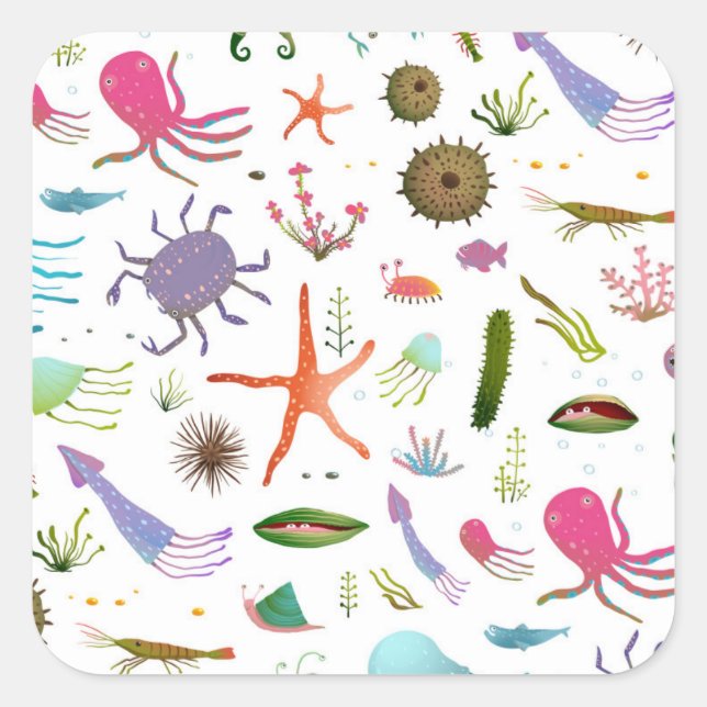 Colourful Sea Life Square Sticker (Front)