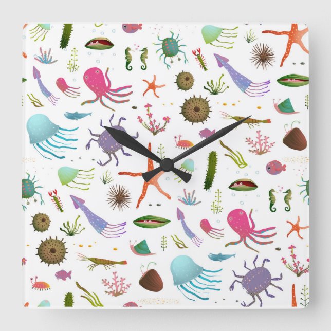 Colourful Sea Life Square Wall Clock (Front)