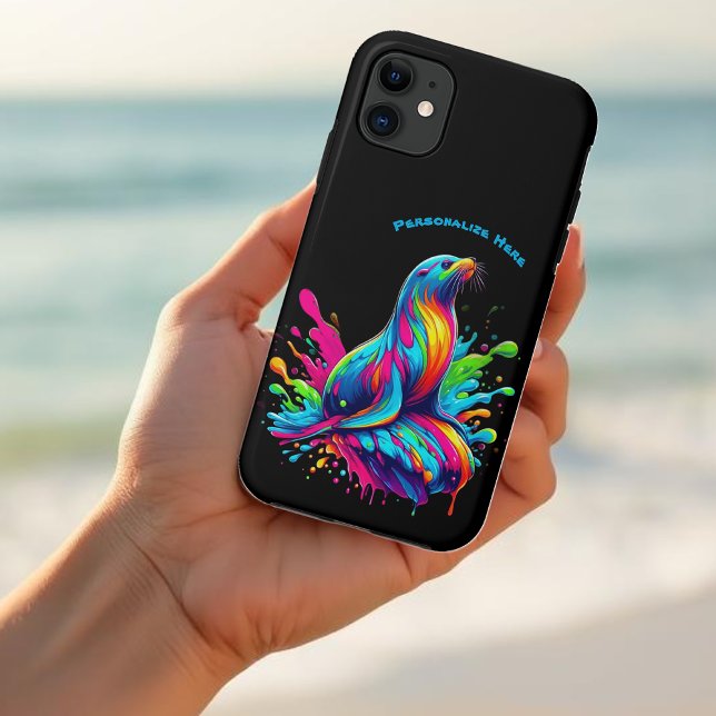 Colourful Sea Lion Splash Case-Mate iPhone Case (Colorful Sea Lion Splash-Fisherman Core-Dopamine Dressing-Summer Phone Case-Beach Phone Case-Black)