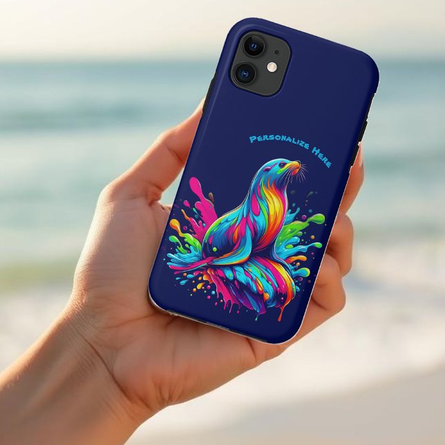 Colourful Sea Lion Splash Case-Mate iPhone Case (Colorful Sea Lion Splash-Fisherman Core-Dopamine Dressing-Summer Phone Case-Beach Phone Case-Blue)