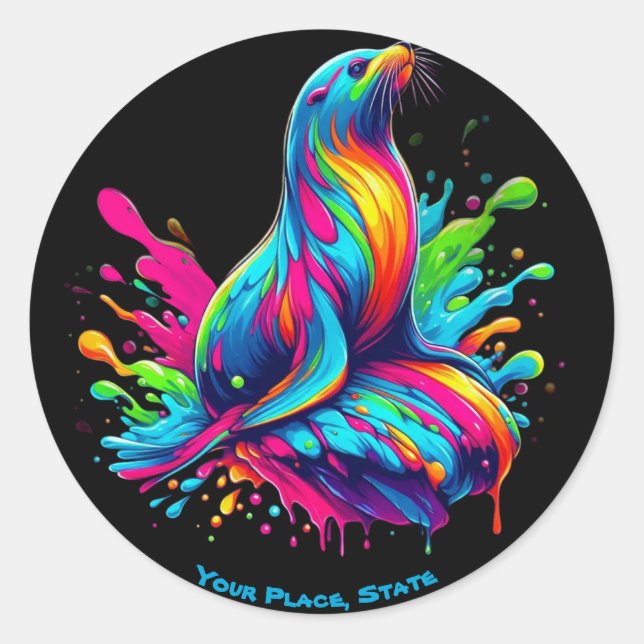 Colourful Sea Lion Splash Classic Round Sticker (Front)