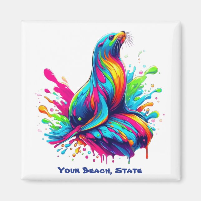 Colourful Sea Lion Splash Magnet (Front)