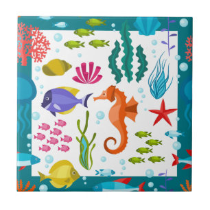 Colourful Sea Plants & Animals Cartoon Illustratio Ceramic Tile