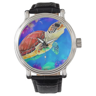 Colourful sea turtle underwater swimming watch