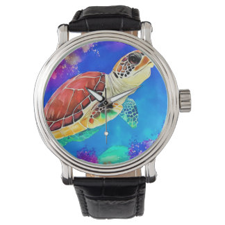 Colourful sea turtle underwater swimming watch
