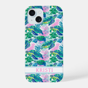 Colourful Sea Turtles Monogrammed iPhone 15 Case