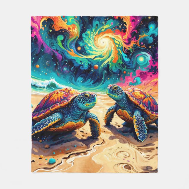 Colourful Sea Turtles Under a Cosmic Sky Fleece Blanket (Front)