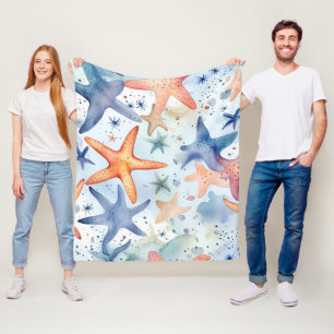 Colourful seafish, sea stars watercolor art. fleece blanket