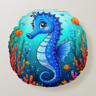 Colourful Seahorse in a Vibrant Coral Reef Round Cushion