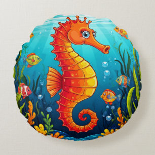 Colourful Seahorse in a Vibrant Coral Reef Round Cushion