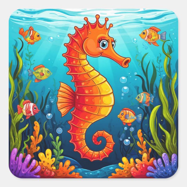 Colourful Seahorse in a Vibrant Coral Reef Square Sticker (Front)