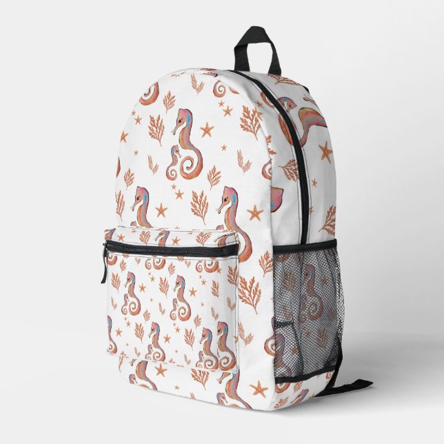 Colourful Seahorse Ocean Pattern Printed Backpack (Back Corner Right)