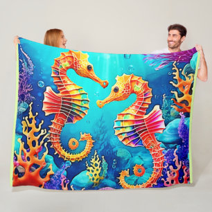 Colourful Seahorse Pair Design Fleece Blanket