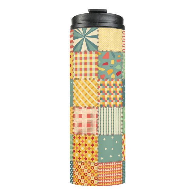 Colourful seamless patchwork pattern with abstract thermal tumbler (Front)
