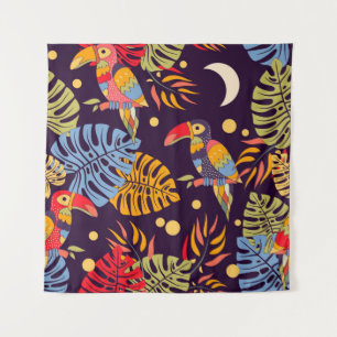 Colourful seamless pattern, exotic birds and plant tapestry