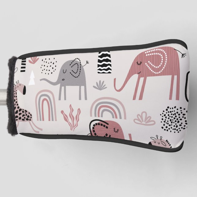 Colourful seamless pattern with cute elephants and golf head cover (Front)