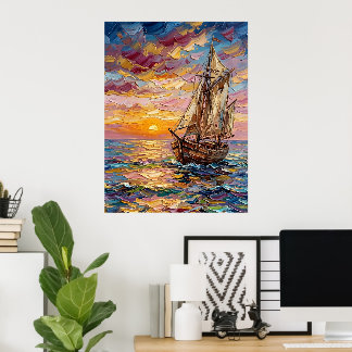 Colourful Seascape with Sailing Ship Poster