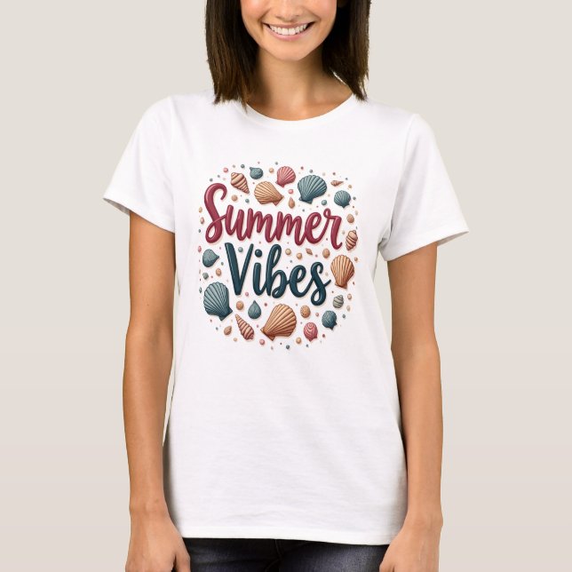 Colourful Seashell Collage "Summer Vibes" Tee (Front)