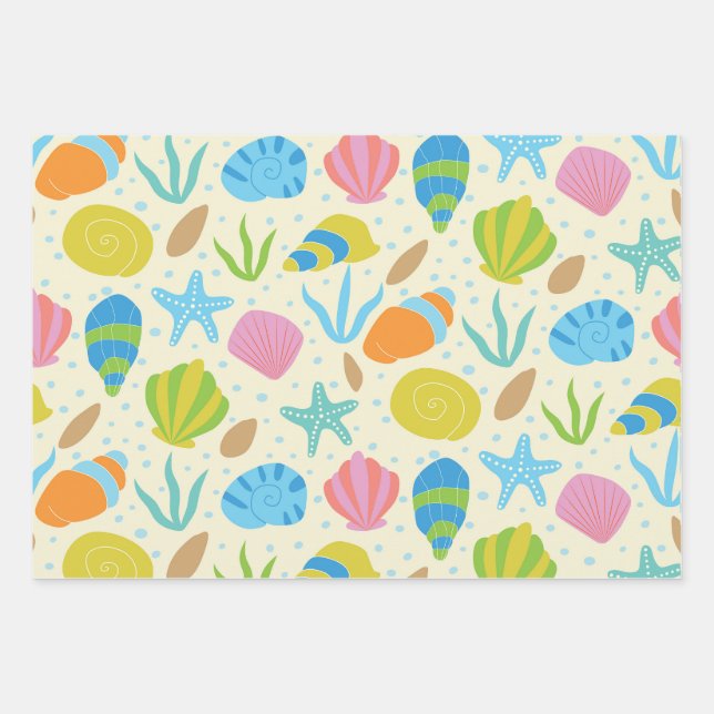 Colourful Seashells and Starfish Pattern Seaside  Wrapping Paper Sheet (Front)