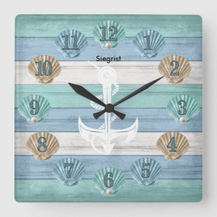 Colourful Seashells and White Anchor Square Wall Clock