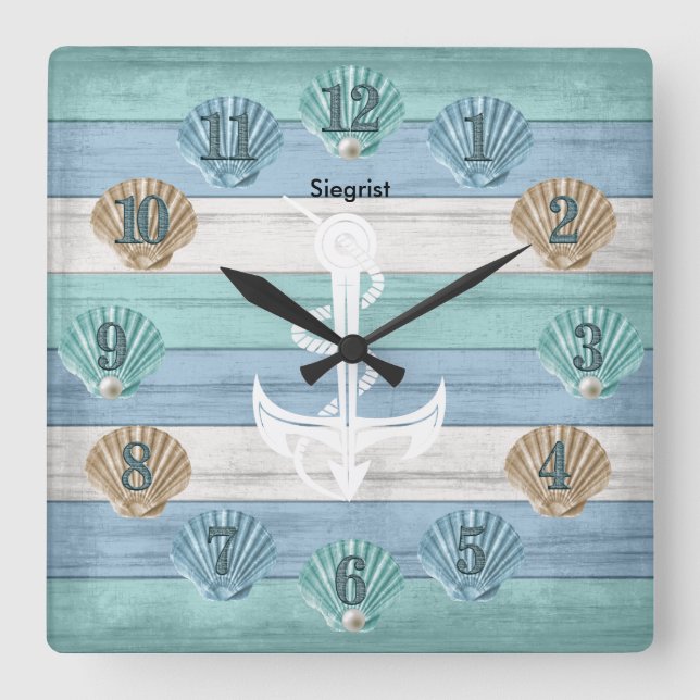 Colourful Seashells and White Anchor Square Wall Clock (Front)