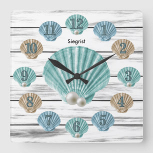 Colourful Seashells and White Weathered Wood  Square Wall Clock