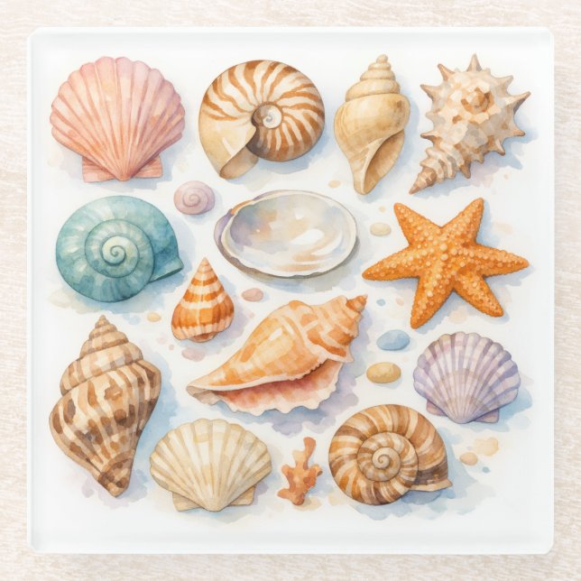 Colourful Seashells. Nautical.  Glass Coaster (Front)
