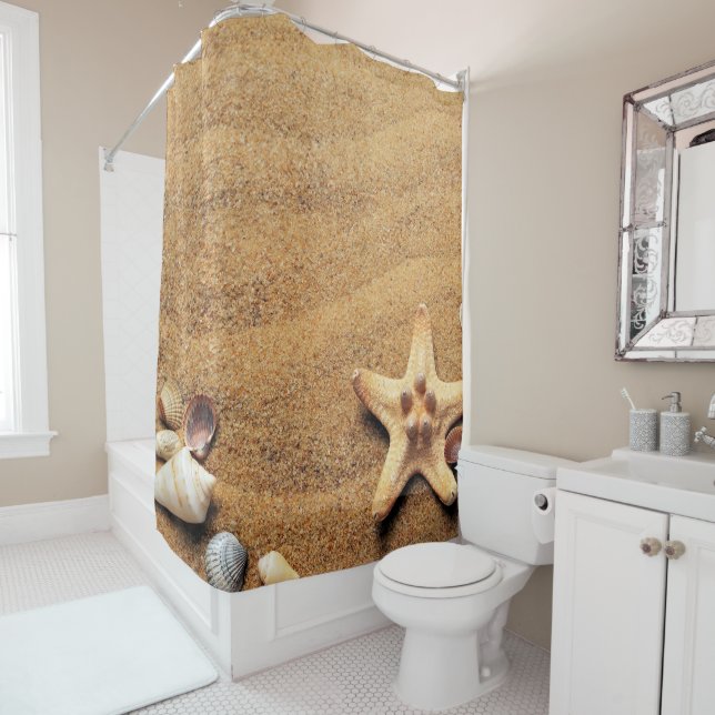 Colourful seashells on the sand shower curtain (In Situ)
