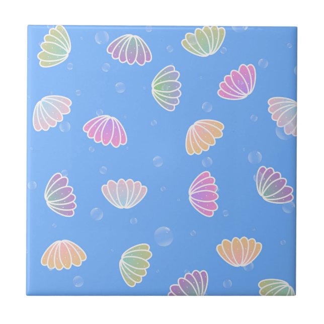 Colourful Seashells Pattern Light Blue Ceramic Tile (Front)