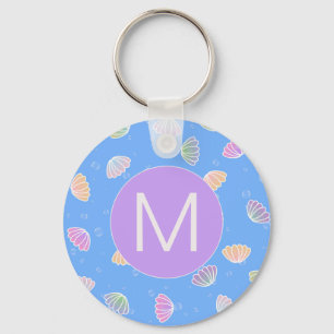 Colourful Seashells Pattern Light Blue Monogram Key Ring