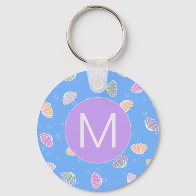 Colourful Seashells Pattern Light Blue Monogram Key Ring (Front)