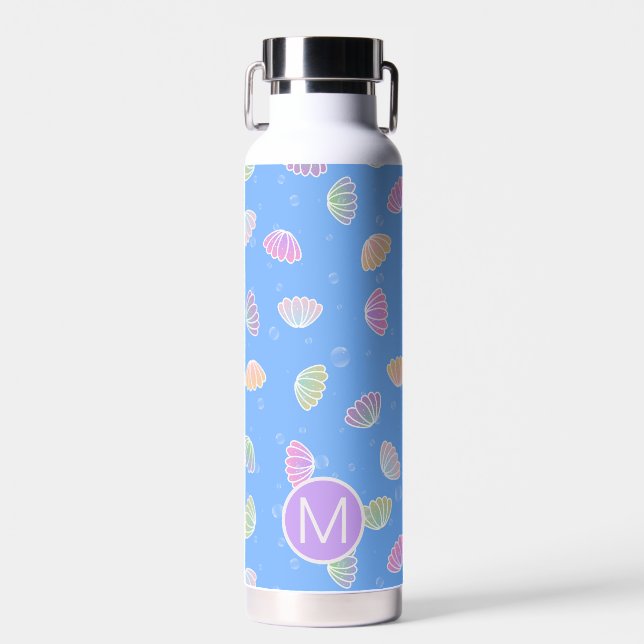 Colourful Seashells Pattern Light Blue Monogram Water Bottle (Front)