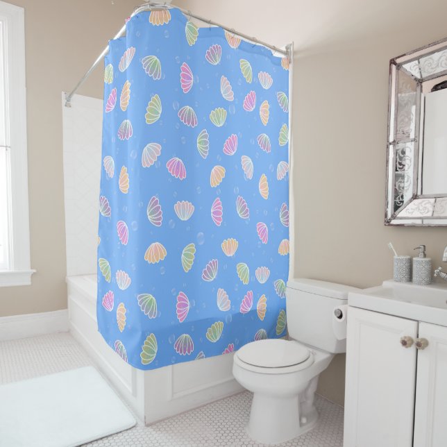 Colourful Seashells Pattern Light Blue Shower Curtain (In Situ)