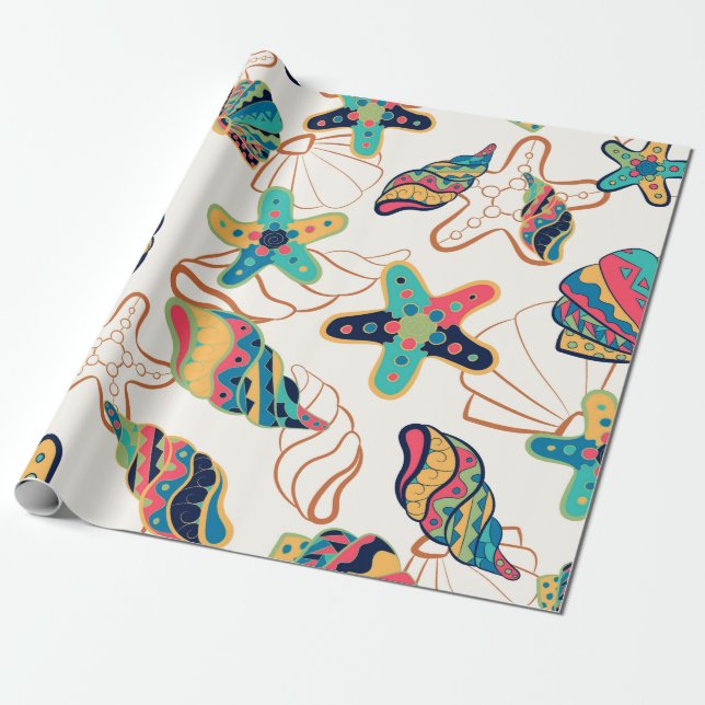 Colourful seashells seamless pattern wrapping paper (Unrolled)