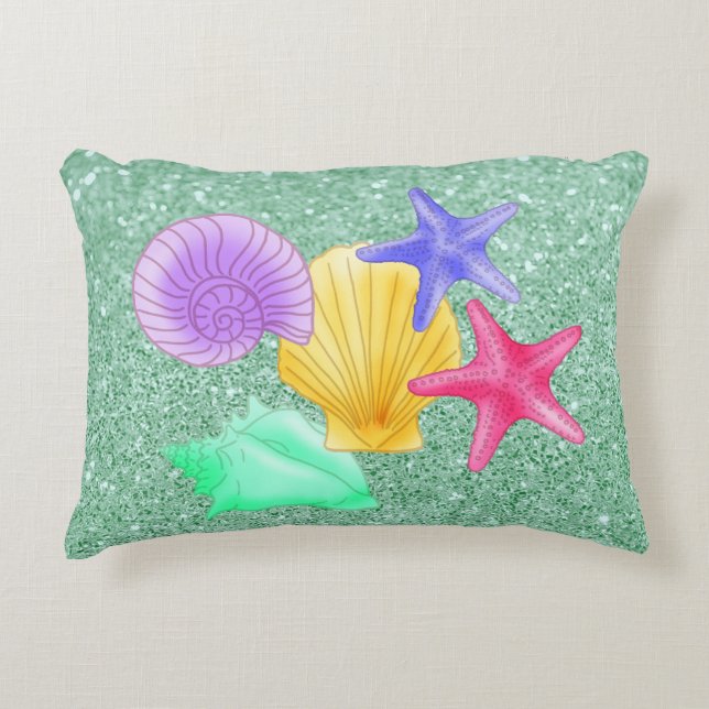 Colourful Seashells & Starfish Soft Green Decorative Cushion (Front)