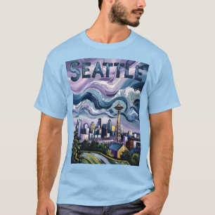 Colourful Seattle Skyline Van Gogh Painting Travel T-Shirt