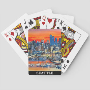 Colourful Seattle Washington Cityscape Sunset Playing Cards