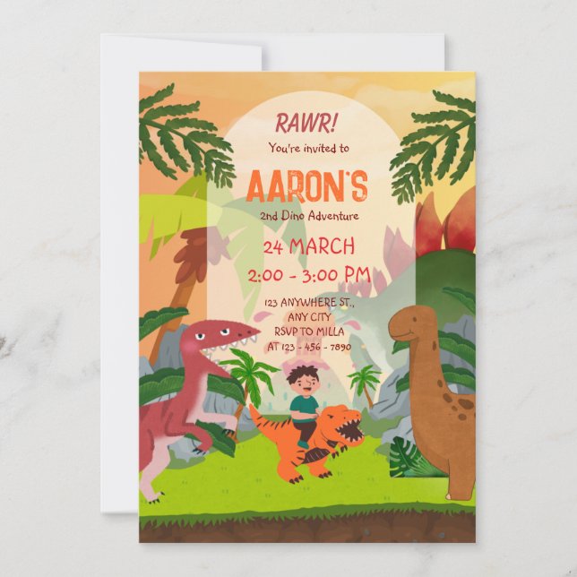 Colourful Second Birthday Dinosaur Adventure Party Invitation (Front)