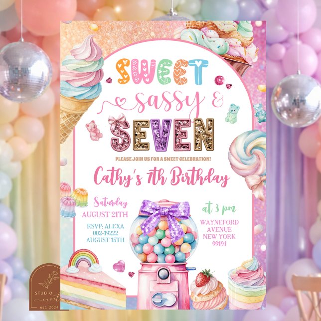 Colourful Sequin Pastel Candies 7th Birthday Invitation (Creator Uploaded)