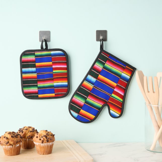 Colourful serape stripes kitchen towel oven mitt & pot holder set (Insitu(Hanging))