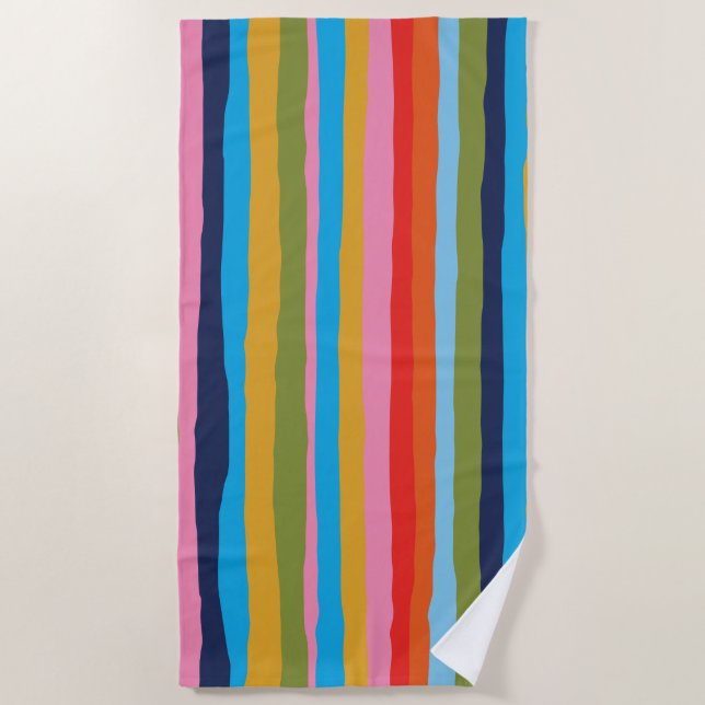 Colourful Serrate Stripes Painted Boho Pattern Beach Towel (Front)