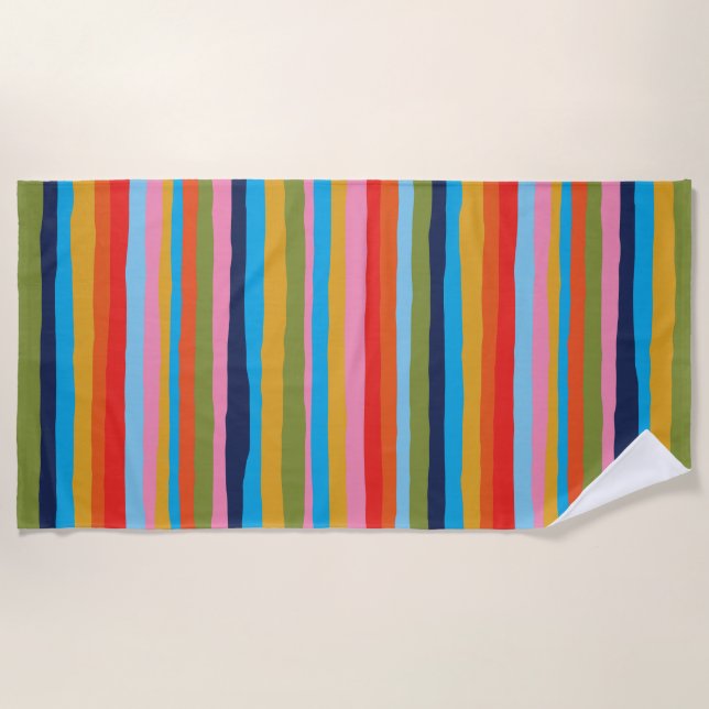 Colourful Serrate Stripes Painted Boho Pattern Beach Towel (Front)