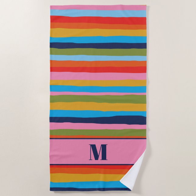 Colourful Serrate Stripes Pattern with Initial Beach Towel (Front)