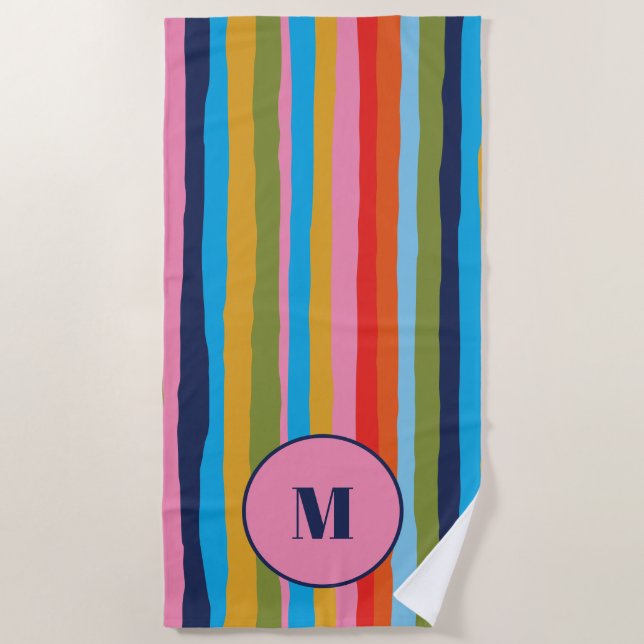 Colourful Serrate Stripes Pattern with Initial Beach Towel (Front)