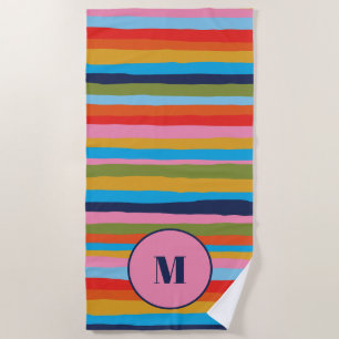 Colourful Serrate Stripes Pattern with Initial Beach Towel