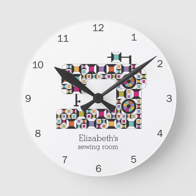 Colourful Sewing Machine Quilt Pattern Round Clock (Front)